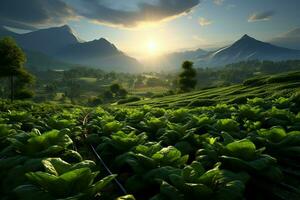 schön Aussicht von ein Tee Feld Plantage, Weinberg Bauernhof oder Erdbeere Garten im das Grün Hügel beim Sonnenaufgang Konzept durch ai generiert foto