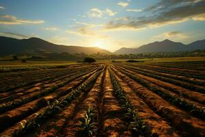 schön Aussicht von ein Tee Feld Plantage, Weinberg Bauernhof oder Erdbeere Garten im das Grün Hügel beim Sonnenaufgang Konzept durch ai generiert foto