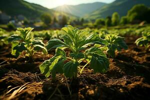 schön Aussicht von ein Tee Feld Plantage, Weinberg Bauernhof oder Erdbeere Garten im das Grün Hügel beim Sonnenaufgang Konzept durch ai generiert foto