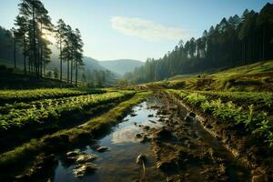 schön Aussicht von ein Tee Feld Plantage, Weinberg Bauernhof oder Erdbeere Garten im das Grün Hügel beim Sonnenaufgang Konzept durch ai generiert foto