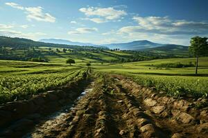 schön Aussicht von ein Tee Feld Plantage, Weinberg Bauernhof oder Erdbeere Garten im das Grün Hügel beim Sonnenaufgang Konzept durch ai generiert foto