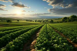 schön Aussicht von ein Tee Feld Plantage, Weinberg Bauernhof oder Erdbeere Garten im das Grün Hügel beim Sonnenaufgang Konzept durch ai generiert foto