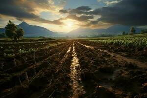 schön Aussicht von ein Tee Feld Plantage, Weinberg Bauernhof oder Erdbeere Garten im das Grün Hügel beim Sonnenaufgang Konzept durch ai generiert foto