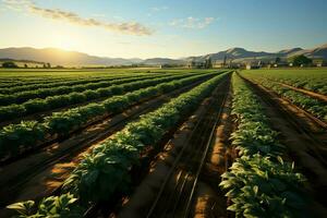 schön Aussicht von ein Tee Feld Plantage, Weinberg Bauernhof oder Erdbeere Garten im das Grün Hügel beim Sonnenaufgang Konzept durch ai generiert foto