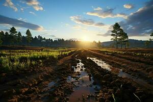 schön Aussicht von ein Tee Feld Plantage, Weinberg Bauernhof oder Erdbeere Garten im das Grün Hügel beim Sonnenaufgang Konzept durch ai generiert foto