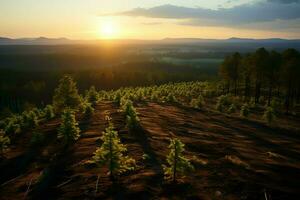 schön Aussicht von ein Tee Feld Plantage, Weinberg Bauernhof oder Erdbeere Garten im das Grün Hügel beim Sonnenaufgang Konzept durch ai generiert foto