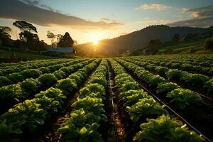 schön Aussicht von ein Tee Feld Plantage, Weinberg Bauernhof oder Erdbeere Garten im das Grün Hügel beim Sonnenaufgang Konzept durch ai generiert foto