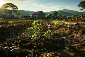 schön Aussicht von ein Tee Feld Plantage, Weinberg Bauernhof oder Erdbeere Garten im das Grün Hügel beim Sonnenaufgang Konzept durch ai generiert foto