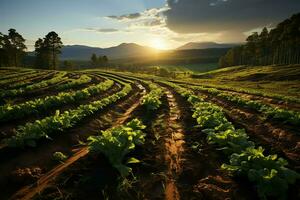 schön Aussicht von ein Tee Feld Plantage, Weinberg Bauernhof oder Erdbeere Garten im das Grün Hügel beim Sonnenaufgang Konzept durch ai generiert foto