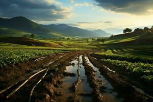 schön Aussicht von ein Tee Feld Plantage, Weinberg Bauernhof oder Erdbeere Garten im das Grün Hügel beim Sonnenaufgang Konzept durch ai generiert foto