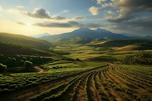 schön Aussicht von ein Tee Feld Plantage, Weinberg Bauernhof oder Erdbeere Garten im das Grün Hügel beim Sonnenaufgang Konzept durch ai generiert foto