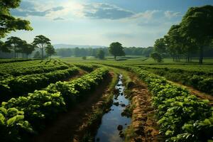 schön Aussicht von ein Tee Feld Plantage, Weinberg Bauernhof oder Erdbeere Garten im das Grün Hügel beim Sonnenaufgang Konzept durch ai generiert foto