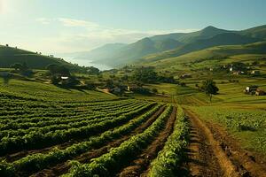 schön Aussicht von ein Tee Feld Plantage, Weinberg Bauernhof oder Erdbeere Garten im das Grün Hügel beim Sonnenaufgang Konzept durch ai generiert foto