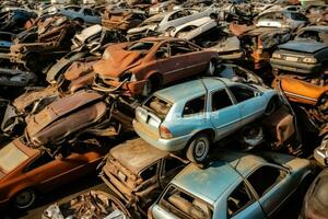 rosten alt Müll Autos mit Umgebung Verschmutzung im Schrottplatz zum Recycling. verlassen Auto Abfall Konzept durch ai generiert foto