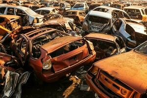 rosten alt Müll Autos mit Umgebung Verschmutzung im Schrottplatz zum Recycling. verlassen Auto Abfall Konzept durch ai generiert foto