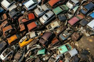 rosten alt Müll Autos mit Umgebung Verschmutzung im Schrottplatz zum Recycling. verlassen Auto Abfall Konzept durch ai generiert foto