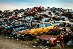 rosten alt Müll Autos mit Umgebung Verschmutzung im Schrottplatz zum Recycling. verlassen Auto Abfall Konzept durch ai generiert foto