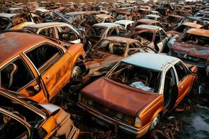 rosten alt Müll Autos mit Umgebung Verschmutzung im Schrottplatz zum Recycling. verlassen Auto Abfall Konzept durch ai generiert foto