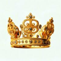 Regal golden Kaiser Krone von ein König auf Weiß Hintergrund. 3d Rendern Luxus königlich König Gold Krone Konzept durch ai generiert foto