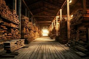 hölzern Planke oder Tafel im das Holz Mühle Industrie. Stapel von Protokolle und Holz im das Sägewerk Produktion Konzept durch ai generiert foto