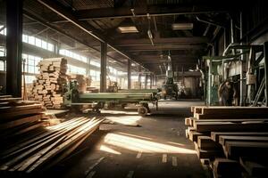 hölzern Planke oder Tafel im das Holz Mühle Industrie. Stapel von Protokolle und Holz im das Sägewerk Produktion Konzept durch ai generiert foto