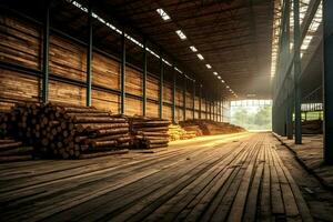 hölzern Planke oder Tafel im das Holz Mühle Industrie. Stapel von Protokolle und Holz im das Sägewerk Produktion Konzept durch ai generiert foto