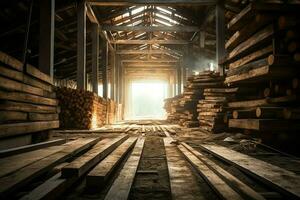 hölzern Planke oder Tafel im das Holz Mühle Industrie. Stapel von Protokolle und Holz im das Sägewerk Produktion Konzept durch ai generiert foto