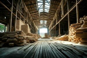 hölzern Planke oder Tafel im das Holz Mühle Industrie. Stapel von Protokolle und Holz im das Sägewerk Produktion Konzept durch ai generiert foto