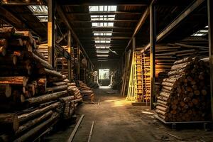 hölzern Planke oder Tafel im das Holz Mühle Industrie. Stapel von Protokolle und Holz im das Sägewerk Produktion Konzept durch ai generiert foto