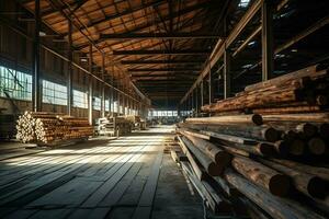 hölzern Planke oder Tafel im das Holz Mühle Industrie. Stapel von Protokolle und Holz im das Sägewerk Produktion Konzept durch ai generiert foto