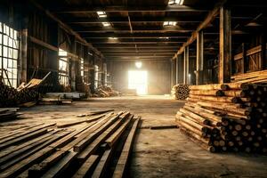 hölzern Planke oder Tafel im das Holz Mühle Industrie. Stapel von Protokolle und Holz im das Sägewerk Produktion Konzept durch ai generiert foto