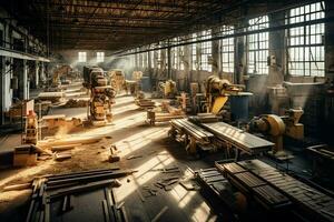 hölzern Planke oder Tafel im das Holz Mühle Industrie. Stapel von Protokolle und Holz im das Sägewerk Produktion Konzept durch ai generiert foto