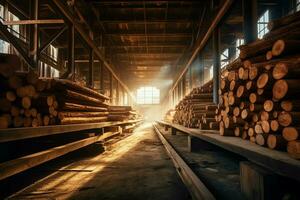 hölzern Planke oder Tafel im das Holz Mühle Industrie. Stapel von Protokolle und Holz im das Sägewerk Produktion Konzept durch ai generiert foto