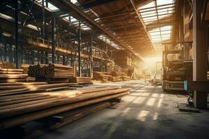 hölzern Planke oder Tafel im das Holz Mühle Industrie. Stapel von Protokolle und Holz im das Sägewerk Produktion Konzept durch ai generiert foto