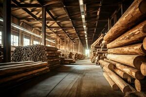 hölzern Planke oder Tafel im das Holz Mühle Industrie. Stapel von Protokolle und Holz im das Sägewerk Produktion Konzept durch ai generiert foto