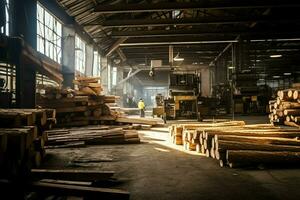 hölzern Planke oder Tafel im das Holz Mühle Industrie. Stapel von Protokolle und Holz im das Sägewerk Produktion Konzept durch ai generiert foto