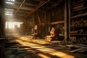 hölzern Planke oder Tafel im das Holz Mühle Industrie. Stapel von Protokolle und Holz im das Sägewerk Produktion Konzept durch ai generiert foto