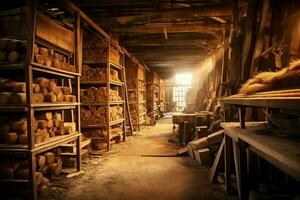 hölzern Planke oder Tafel im das Holz Mühle Industrie. Stapel von Protokolle und Holz im das Sägewerk Produktion Konzept durch ai generiert foto