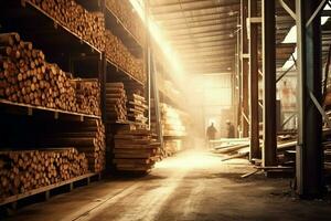 hölzern Planke oder Tafel im das Holz Mühle Industrie. Stapel von Protokolle und Holz im das Sägewerk Produktion Konzept durch ai generiert foto