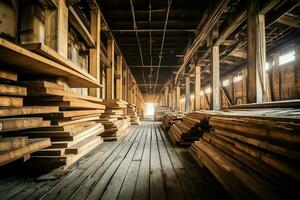 hölzern Planke oder Tafel im das Holz Mühle Industrie. Stapel von Protokolle und Holz im das Sägewerk Produktion Konzept durch ai generiert foto