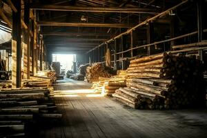 hölzern Planke oder Tafel im das Holz Mühle Industrie. Stapel von Protokolle und Holz im das Sägewerk Produktion Konzept durch ai generiert foto