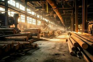 hölzern Planke oder Tafel im das Holz Mühle Industrie. Stapel von Protokolle und Holz im das Sägewerk Produktion Konzept durch ai generiert foto