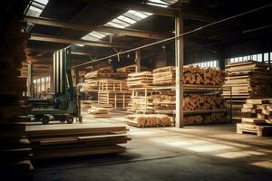 hölzern Planke oder Tafel im das Holz Mühle Industrie. Stapel von Protokolle und Holz im das Sägewerk Produktion Konzept durch ai generiert foto