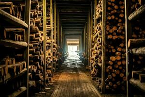 hölzern Planke oder Tafel im das Holz Mühle Industrie. Stapel von Protokolle und Holz im das Sägewerk Produktion Konzept durch ai generiert foto