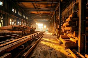 hölzern Planke oder Tafel im das Holz Mühle Industrie. Stapel von Protokolle und Holz im das Sägewerk Produktion Konzept durch ai generiert foto