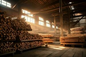 hölzern Planke oder Tafel im das Holz Mühle Industrie. Stapel von Protokolle und Holz im das Sägewerk Produktion Konzept durch ai generiert foto