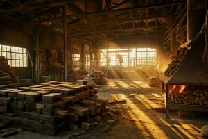 hölzern Planke oder Tafel im das Holz Mühle Industrie. Stapel von Protokolle und Holz im das Sägewerk Produktion Konzept durch ai generiert foto