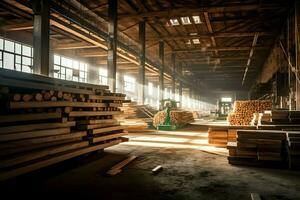 hölzern Planke oder Tafel im das Holz Mühle Industrie. Stapel von Protokolle und Holz im das Sägewerk Produktion Konzept durch ai generiert foto