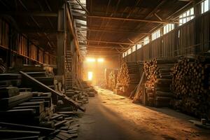 hölzern Planke oder Tafel im das Holz Mühle Industrie. Stapel von Protokolle und Holz im das Sägewerk Produktion Konzept durch ai generiert foto