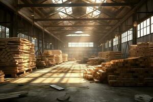 hölzern Planke oder Tafel im das Holz Mühle Industrie. Stapel von Protokolle und Holz im das Sägewerk Produktion Konzept durch ai generiert foto